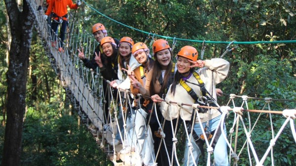 Group of people with helmets on a rope bridge in a forest, smiling and posing for a photo.