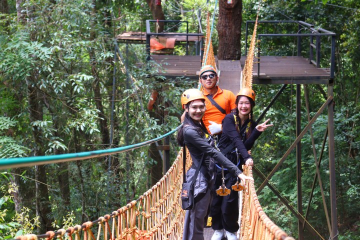 Three people wearing helmets and safety gear on a suspension bridge in a forest.