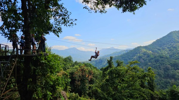 Person ziplining through forest with mountains in the background under blue sky.