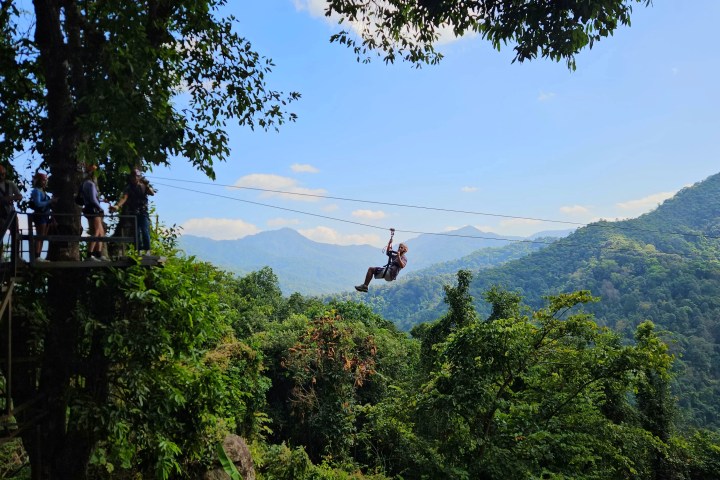 Person ziplining through forest with mountains in the background under blue sky.