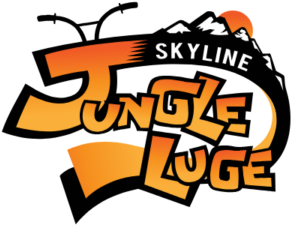 Logo with text 'Skyline Jungle Luge' in orange with mountain and sun design.