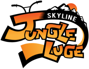 Logo with text 'Skyline Jungle Luge' in orange with mountain and sun design.