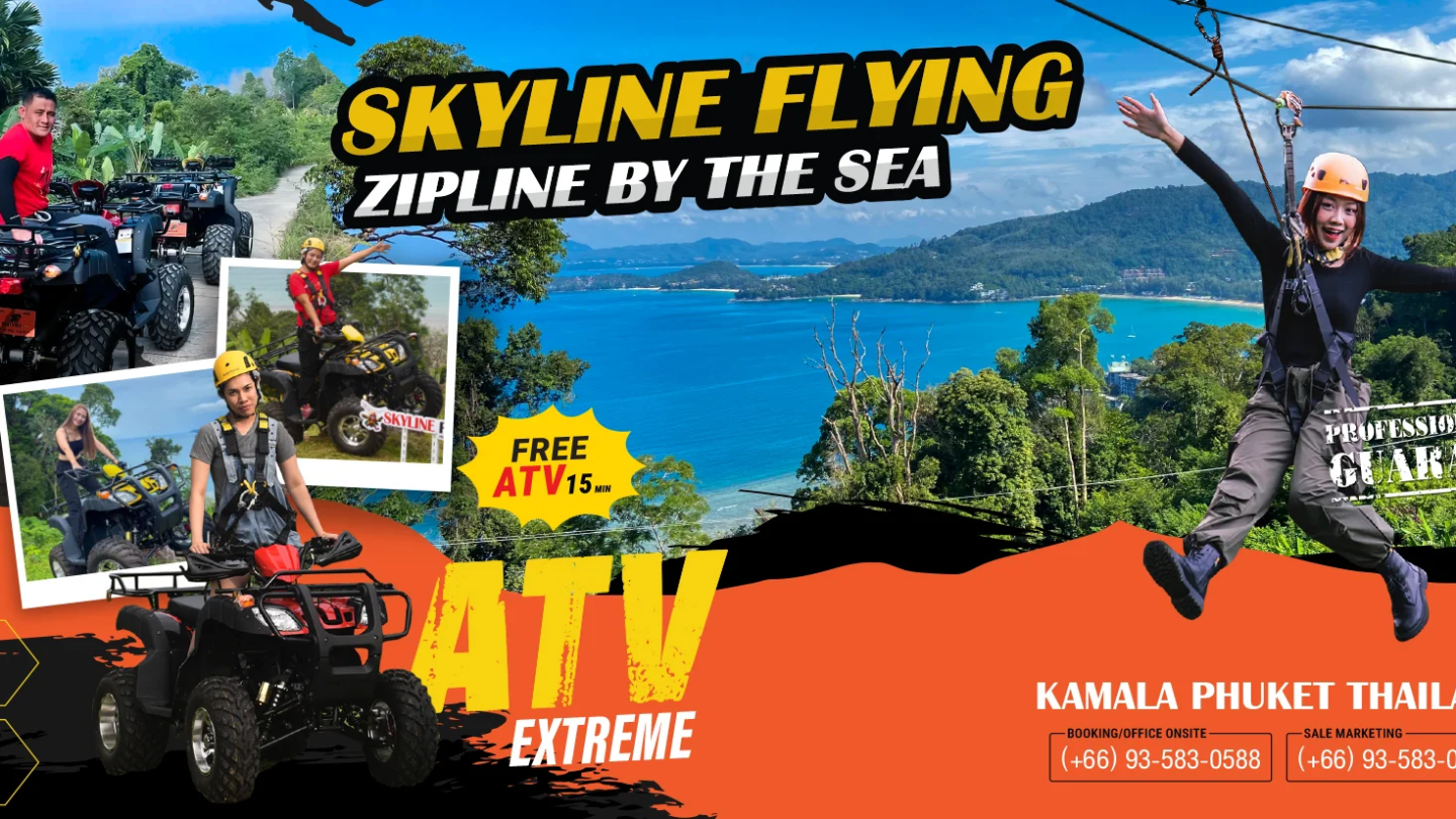 Collage of ATV rides and ziplining with a sea view in Kamala, Phuket. Contact info included for bookings.